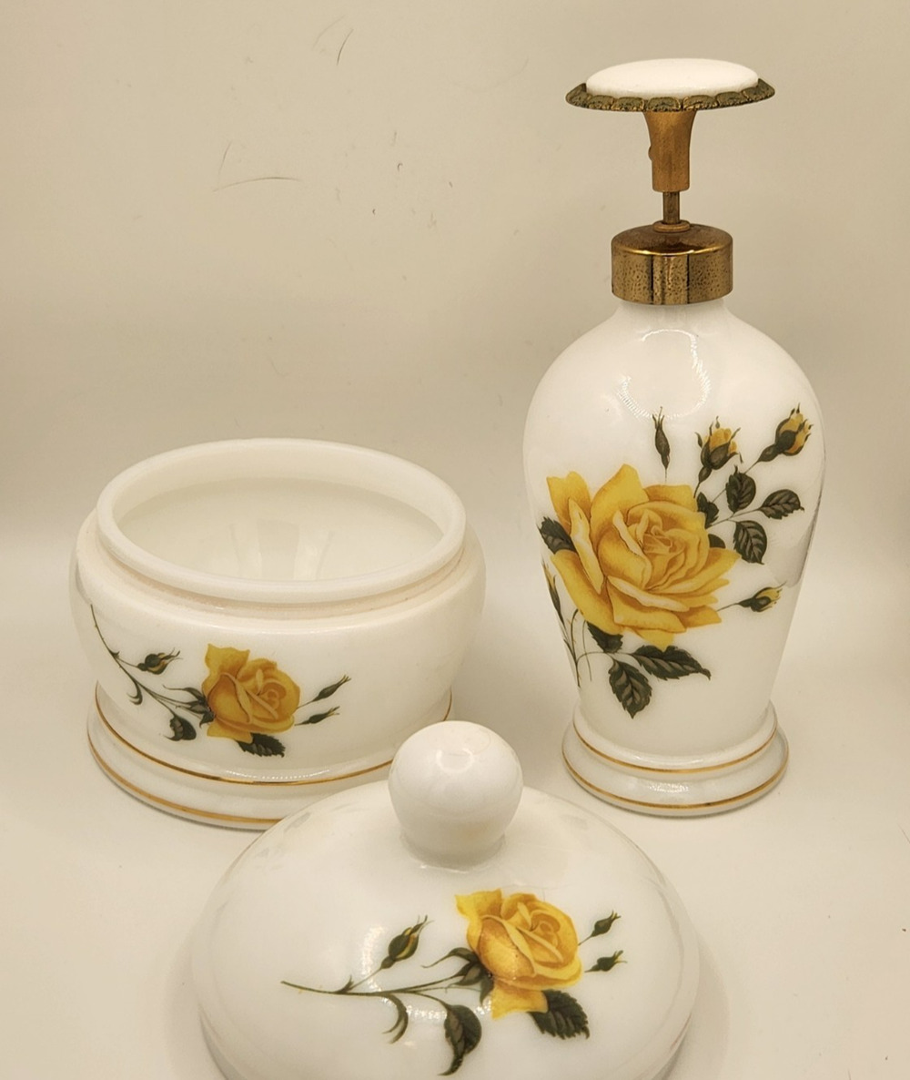Vanity Set DeVilbiss Set 1250-68  Perfume Bottle Dropper & Power Jar Yellow Rose